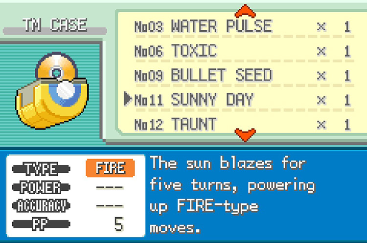 In-game details for TM11 Sunny Day / Pokémon FireRed & LeafGreen