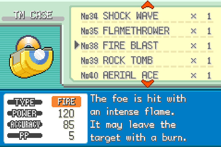 In-game details for TM38 Fire Blast / Pokémon FRLG