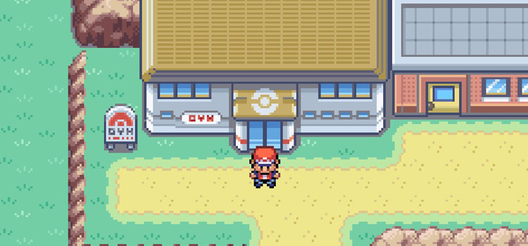 Standing outside the Fuchsia City Gym (Pokémon FireRed)