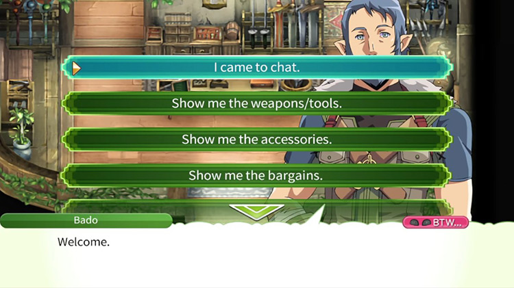 Options available when speaking to Bado in his shop / Rune Factory 4