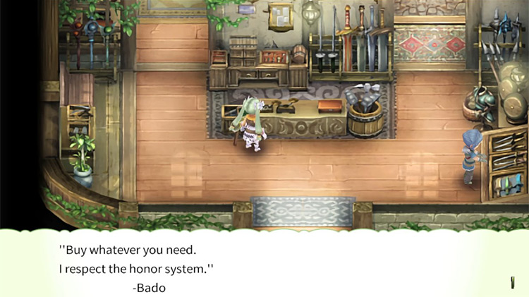 A note left by Bado on the counter of his shop / Rune Factory 4
