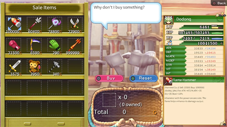 The bargains menu in the Blacksmith shop / Rune Factory 4