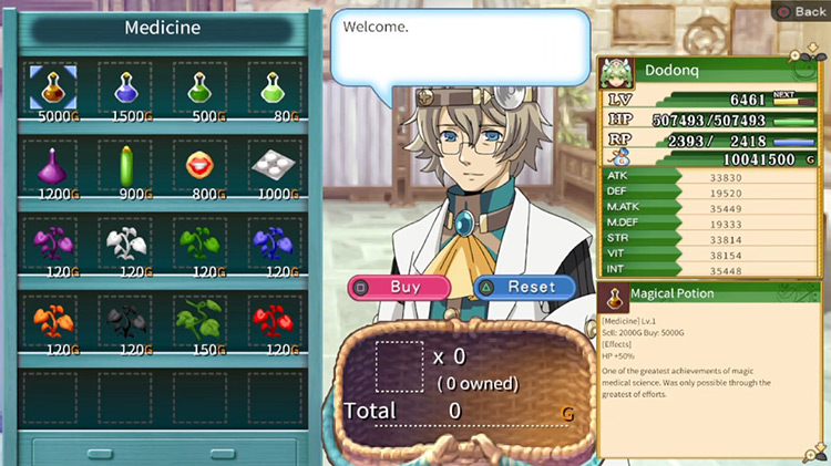 The different medicines being sold at the Tiny Bandage Clinic / Rune Factory 4