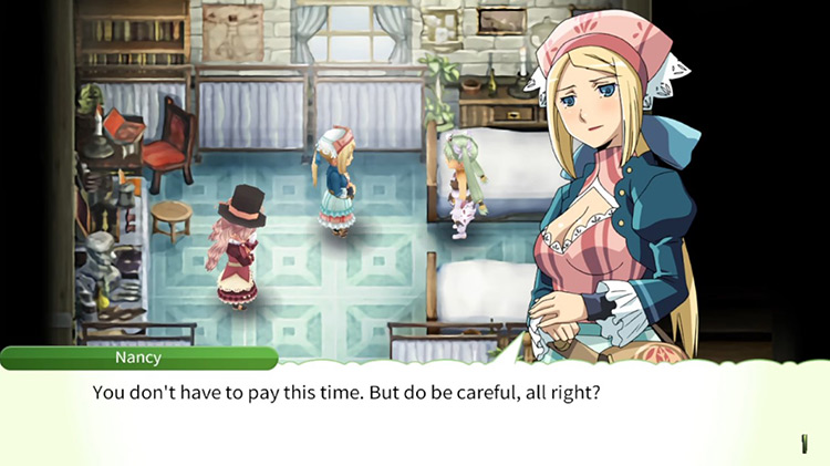 Nancy waiving the clinic fees after treating Frey / Rune Factory 4