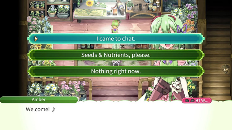 The different options available when talking to Amber or Illuminata at Carnation’s / Rune Factory 4