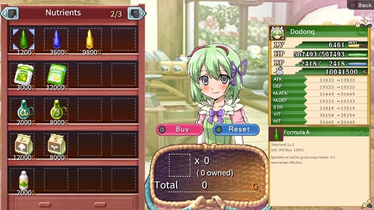 The Carnation’s Flower Shop Inventory / Rune Factory 4