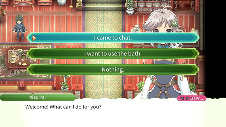 The options available upon speaking to Lin Fa or Xiao Pai in the Bell Hotel / Rune Factory 4