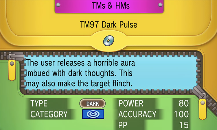 In-game details for TM97 Dark Pulse / Pokémon Omega Ruby and Alpha Sapphire