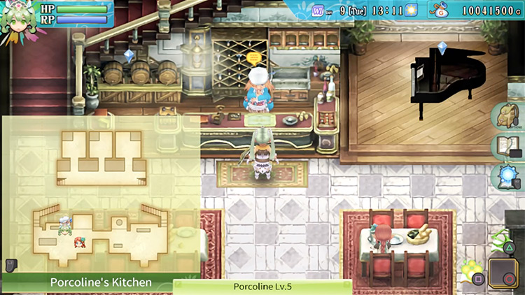 Porcoline waiting at the counter of Porcoline’s Kitchen / Rune Factory 4