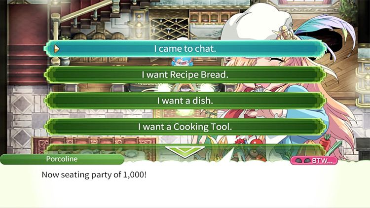 The options available when you speak to either Dylas or Porcoline in Porcoline’s Kitchen / Rune Factory 4