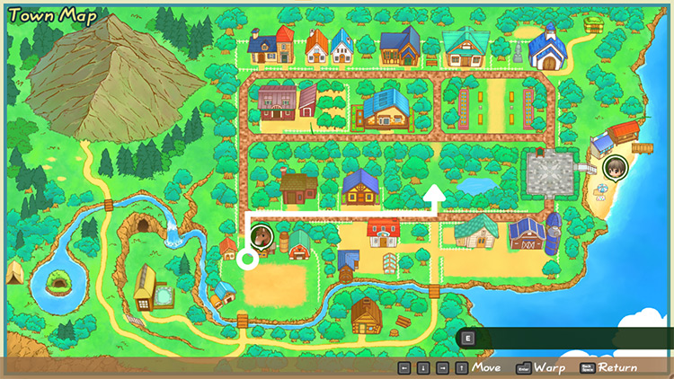 Map of Mineral Town with directions to the Secret Forest / SoS: FoMT