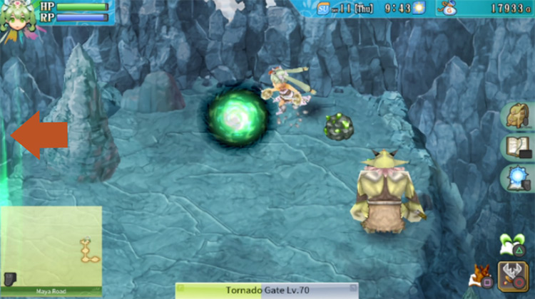 An area with a barrier blocking the path heading west on Maya Road / Rune Factory 4