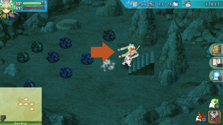 An area with multiple minerals and a staircase leading to the surface of Maya Road / Rune Factory 4