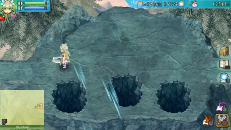 An area with three huge holes in the ground that lead to a cave underneath Maya Road / Rune Factory 4