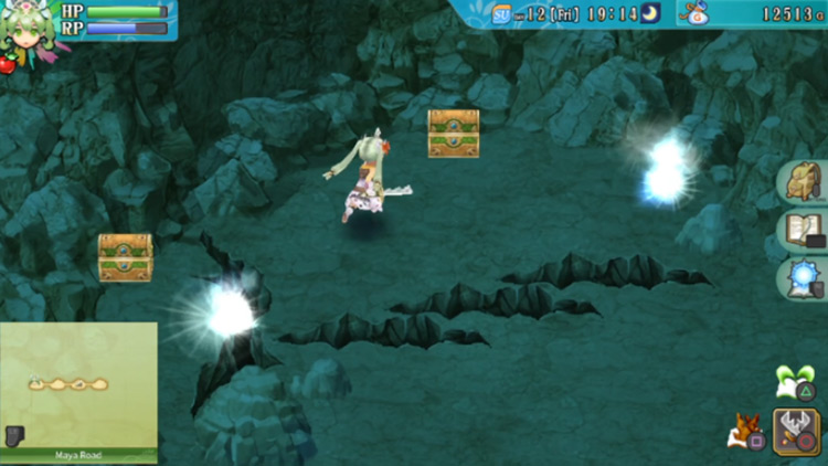 A chest containing Gloves in a cave underneath Maya Road / Rune Factory 4