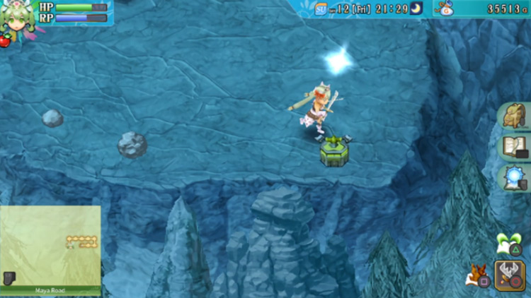 A green switch activating a portal back to Maya Road's entrance / Rune Factory 4