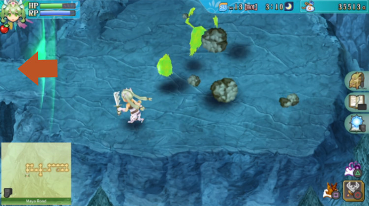 An area of Maya Road with falling debris and a barrier blocking the path on the west / Rune Factory 4