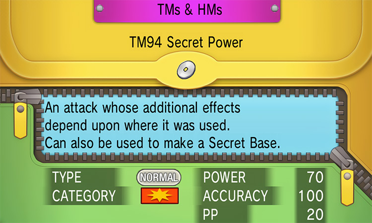 In-game details for TM94 Secret Power / Pokémon Omega Ruby and Alpha Sapphire