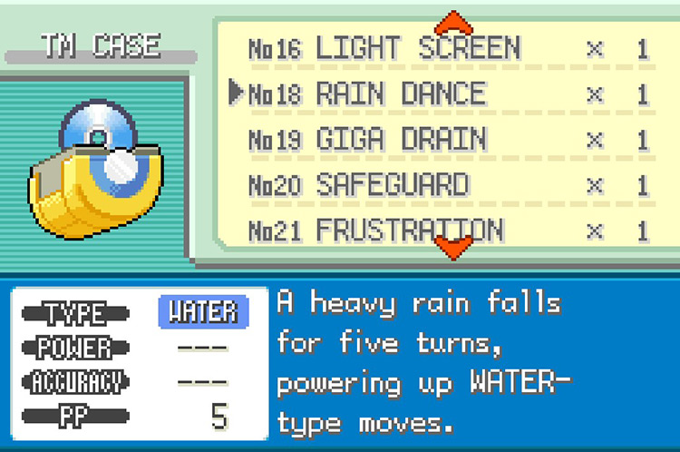 In-game details for TM18 Rain Dance / Pokémon FRLG