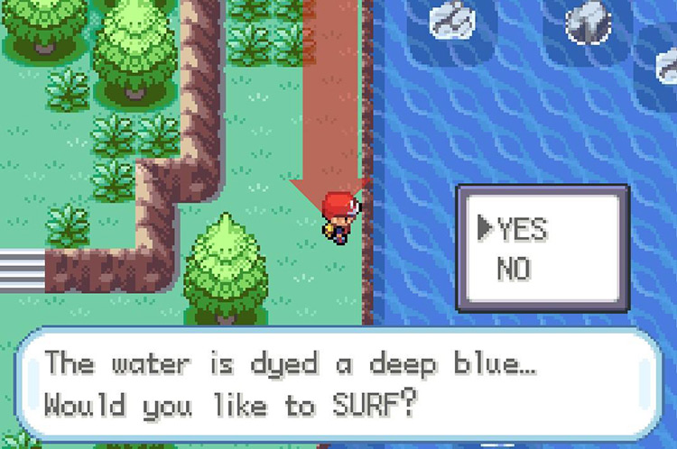 Use Surf on the body of water to the east / Pokémon FRLG