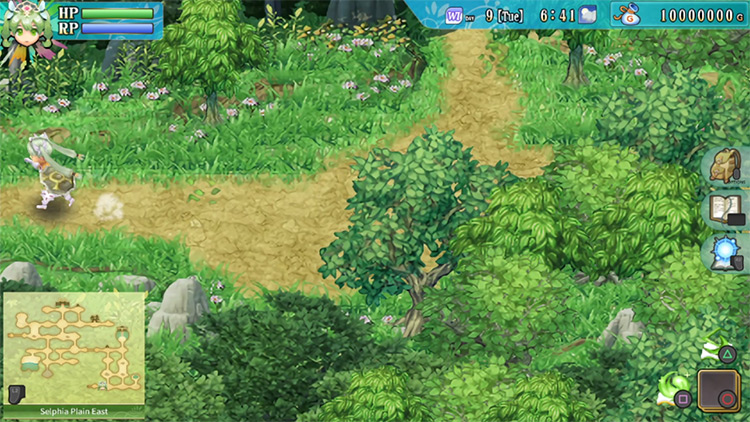 An area of Selphia Plain East where trees were once blocking the path heading west / Rune Factory 4