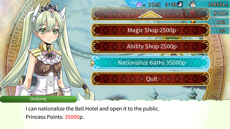 The option to nationalize the Bell Hotel baths under the Shops category / Rune Factory 4