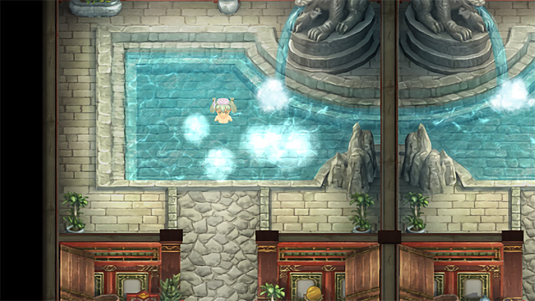Frey bathing in the women’s section of the Bell Hotel baths / Rune Factory 4