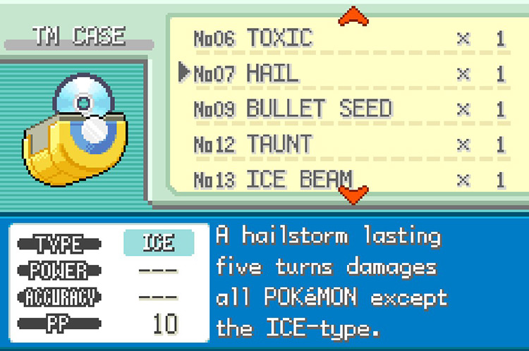 In-game details for TM07 Hail / Pokémon FRLG