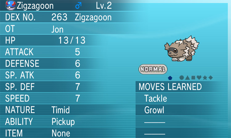 Zigzagoon with a Pickup ability. / Pokémon Omega Ruby and Alpha Sapphire
