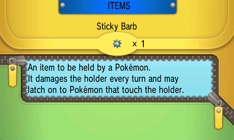The in-game description of the Sticky Barb. / Pokémon Omega Ruby and Alpha Sapphire