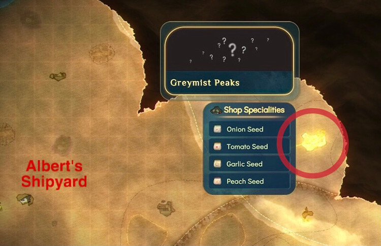 Greymist Peaks is located at X: 216, Y: 96, on the map’s north-east section / Spiritfarer