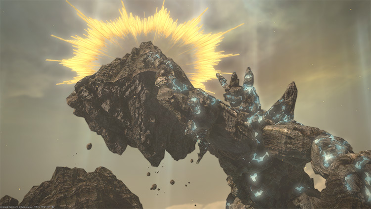 The reawakened Talos latching onto Mt. Gulg / Final Fantasy XIV