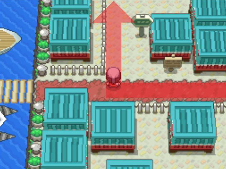 Heading north through the space between shipping containers. / Pokémon Platinum