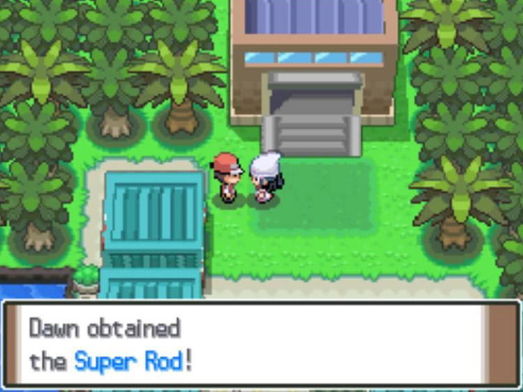 Receiving the Super Rod from the fisherman. / Pokémon Platinum