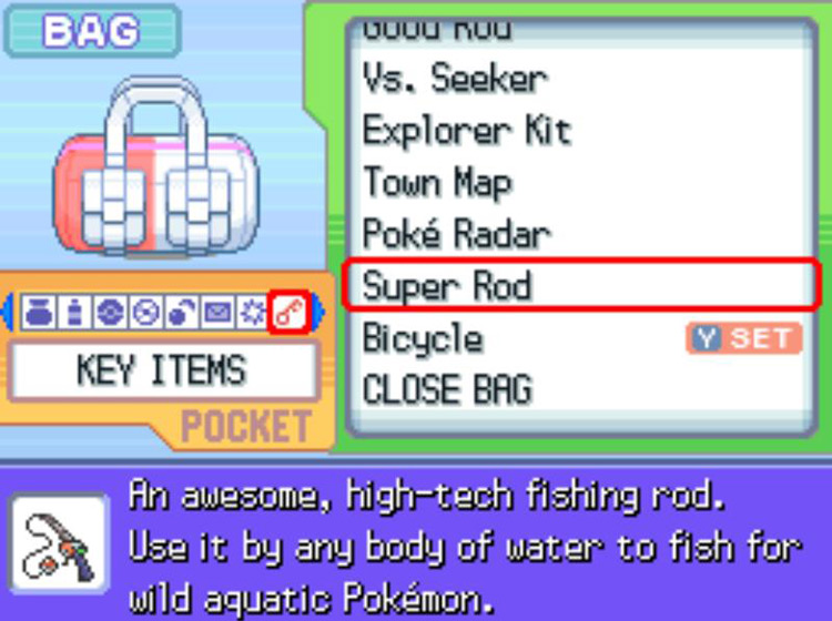 The in-game description of the Super Rod. / Pokémon Platinum