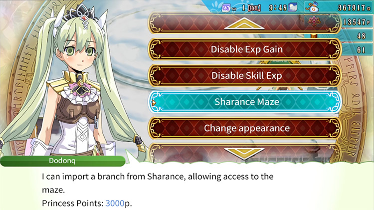 The option to order Sharance Maze via the Order Symbol / Rune Factory 4
