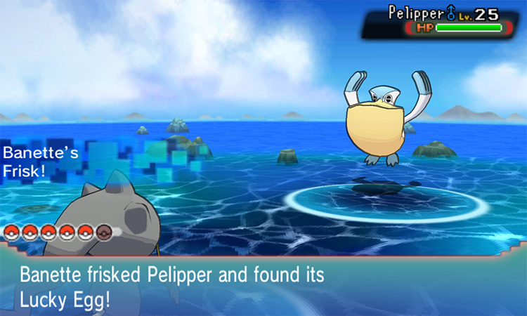 Banette’s Frisk Ability identifies Pelipper’s held item. / Pokémon Omega Ruby and Alpha Sapphire