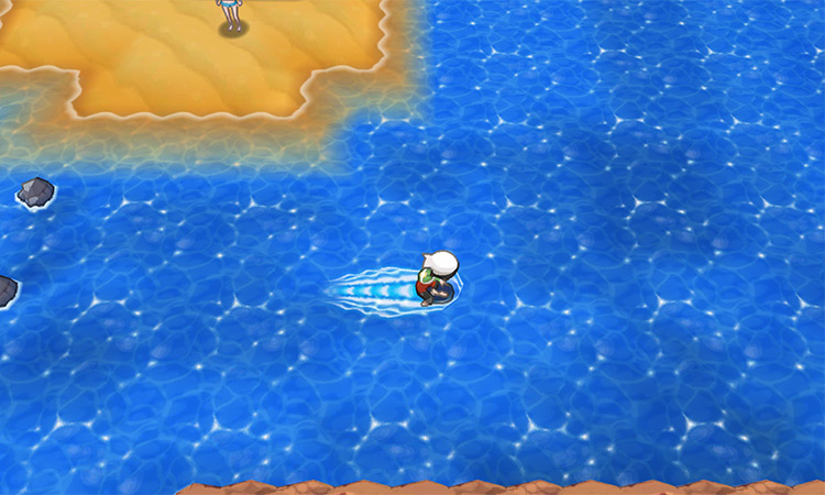 Surfing on Route 124 to find Pelipper. / Pokémon Omega Ruby and Alpha Sapphire