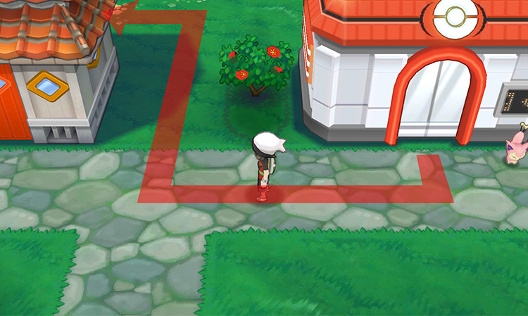 Walking past the Pokémon Center in Mossdeep City. / Pokémon Omega Ruby and Alpha Sapphire