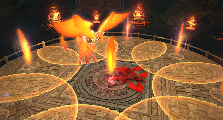 A destroyed scarlet plume with four phoenix corpses inside the safe zone / Final Fantasy XIV