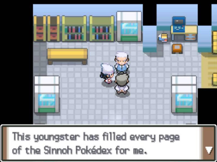 Professor Rowan talking you up to Professor Oak / Pokémon Platinum