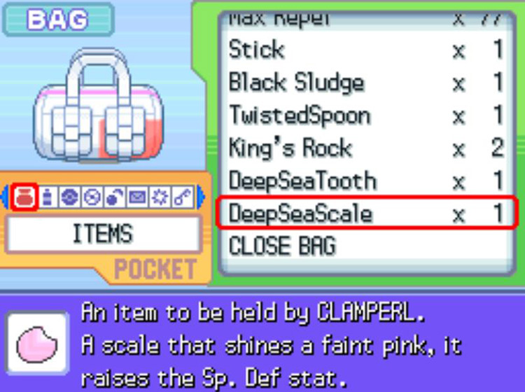 The in-game description of the DeepSeaScale / Pokémon Platinum