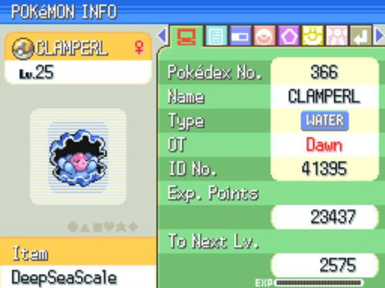 Clamperl Holding the DeepSeaScale / Pokémon Platinum