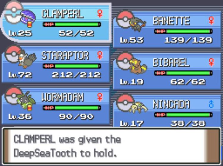 Having Clamperl hold the DeepSeaTooth / Pokémon Platinum