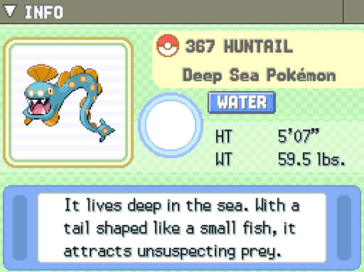 Huntail’s description in the Pokédex / Pokémon Platinum