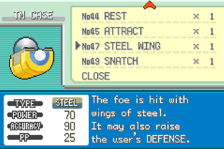 In-game details for TM47 Steel Wing / Pokémon FRLG