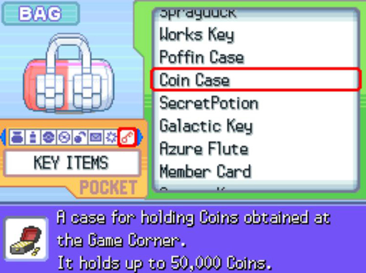 The in-game description of the Coin Case / Pokémon Platinum