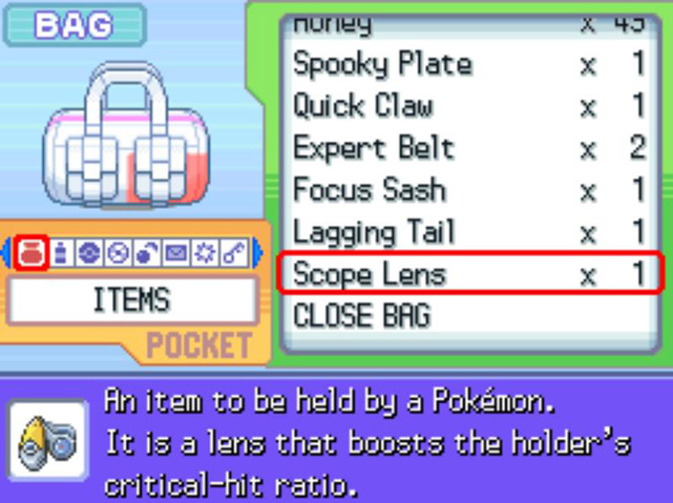 The in-game description of the Scope Lens / Pokémon Platinum