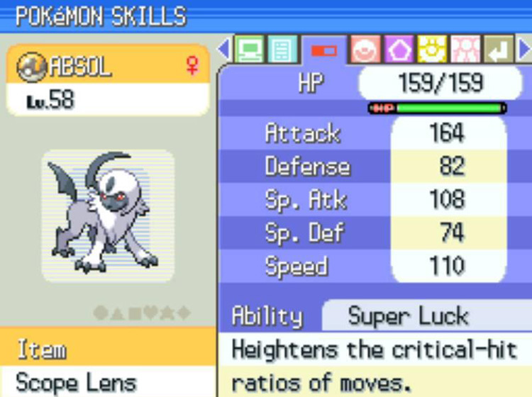 An Absol with Super Luck, Night Slash, and a Scope Lens, ready for critical hits / Pokémon Platinum
