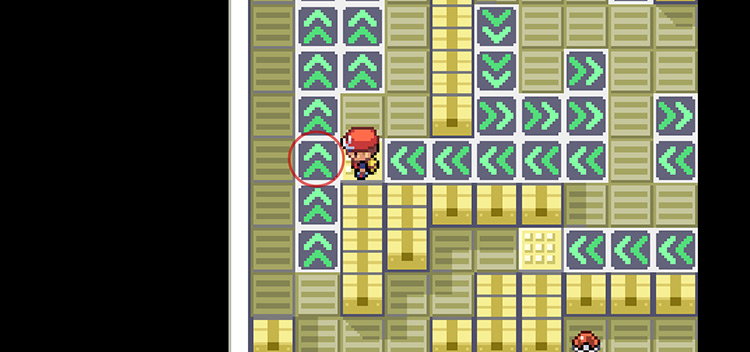 Step onto the circled arrow pad to continue through the Warehouse / Pokémon FRLG